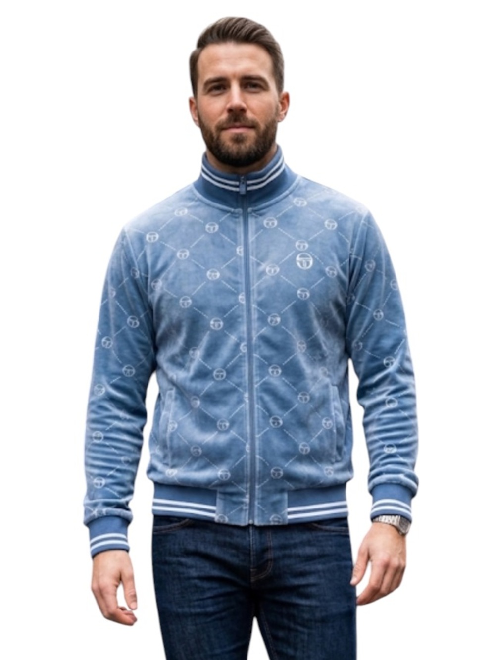Sergio Tacchini Cosimo Velour Track Jacket Mens L Faded Denim Monogram Full Zip⁠